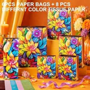 Colorful Floral Paper Gift Bags 6 Pack Assorted Party Favor Bags with <b>Tissue</b> Paper for <b>Wedding</b> Birthday Celebration - Product Image 2