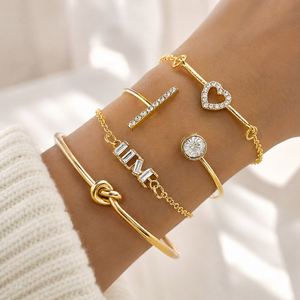 Elegant Letter <b>Love</b> Cuff <b>Bracelet</b> Set Zinc Alloy Gold Silver Color Crystal Rhinestone Heart Flower Infinite 8 Hollow Open - Product Image 4
