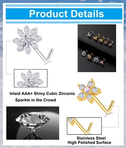 Piercing de Nariz de Acero Inoxidable Chapado en Oro de 20G, con Diseño de Mariposa en Forma de L, Brillante, con Circonitas, Copo de Nieve y Flor, Joyería para Piercing Corporal - Product Image 3