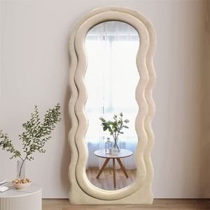 Miroir mural asymétrique en forme d'arche irrégulière, pleine longueur, incurvé, luxueux, en verre, esthétique, décoration intérieure, miroir ondulé en peluche - Product Image 3