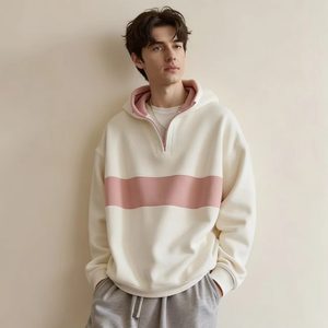 Nuova Collezione Autunnale: <span class=keywords><strong>Felpa</strong></span> <span class=keywords><strong>con</strong></span> Cappuccio e Mezza Zip <span class=keywords><strong>Bianca</strong></span> e <span class=keywords><strong>Rosa</strong></span> per Uomo - Pullover Ampio <span class=keywords><strong>con</strong></span> Stampa Ricamata a Contrasto - Product Image 5