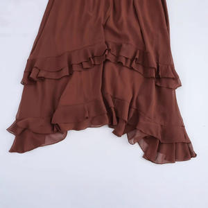 Elegante abito in velluto marrone-collo alto bordato in pizzo con maniche <span class=keywords><strong>a</strong></span> <span class=keywords><strong>campana</strong></span> e <span class=keywords><strong>gonna</strong></span> arruffata - Product Image 3