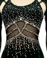 Robe de patinage artistique vert foncé dégradé avec strass, découpes en maille, pour performance scénique, pour femmes et filles