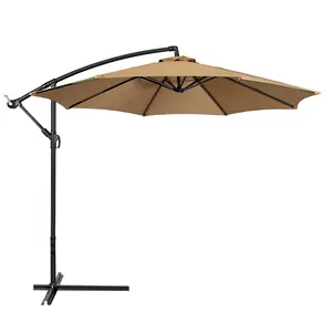 10英尺户外天井悬臂雨伞，带曲柄十字底座的市场雨伞