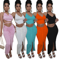 Conjunto de dos piezas con cordones para mujer, Top corto con hombros descubiertos, falda Maxi dividida con cordón, conjuntos a juego para Festival