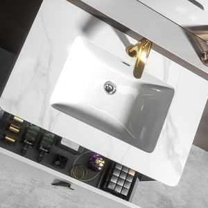 Ensemble <span class=keywords><strong>de</strong></span> meubles <span class=keywords><strong>de</strong></span> salle <span class=keywords><strong>de</strong></span> bain contemporains avec miroir décoratif élégant doté d'un éclairage à fonction mémoire et d'un étagère <span class=keywords><strong>de</strong></span> présentation - Product Image 6