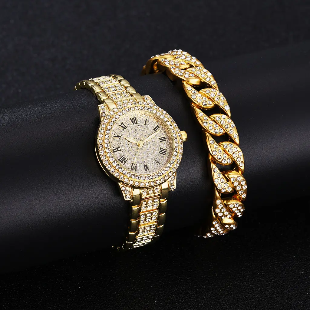 Commercio all'ingrosso pieno di diamanti roma oro rosa cinturino in acciaio orologio al quarzo strass Hip Hop gioielli di moda braccialetto set per uomini e donne