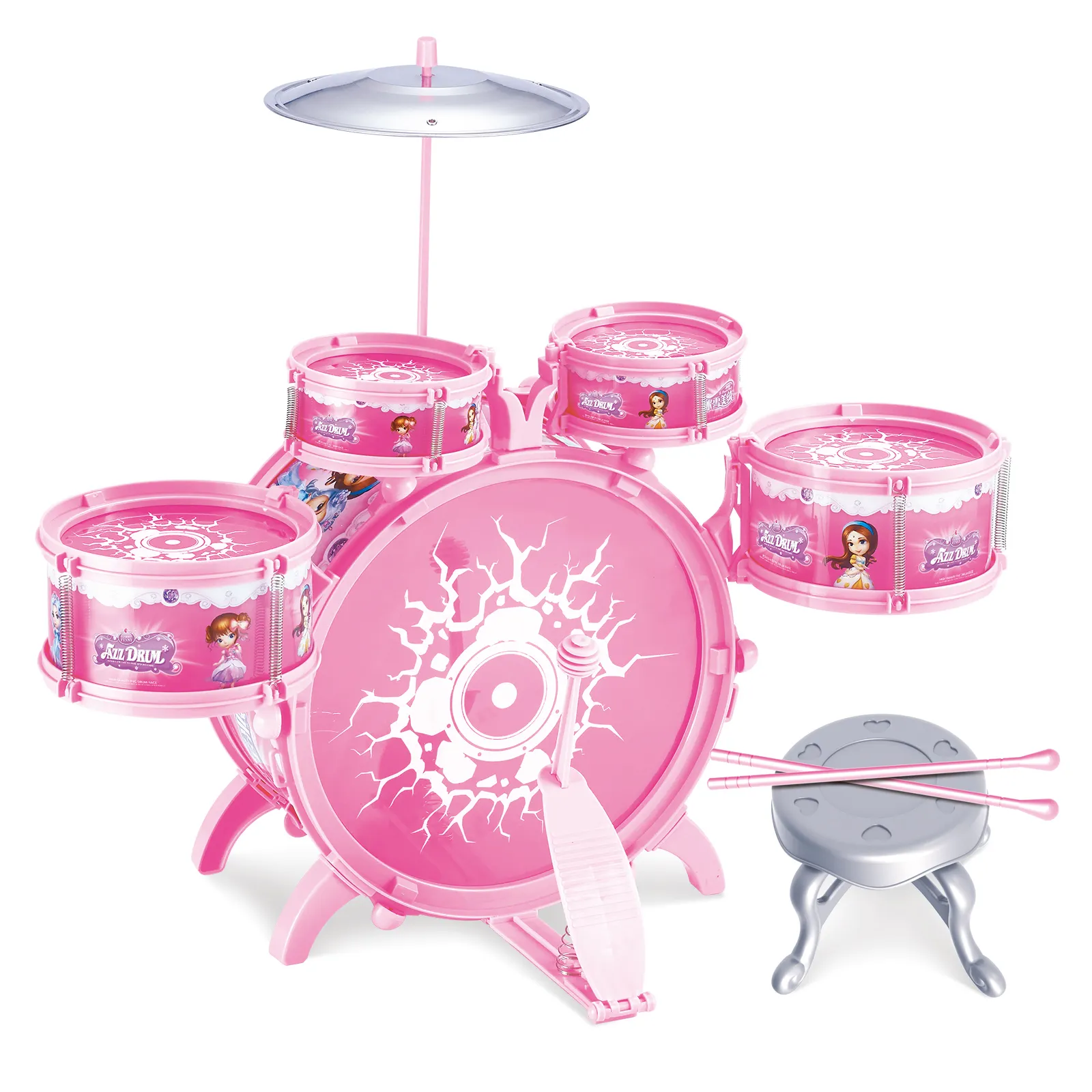 9-teiliges Junior Starter Drum Kit Musikspiel zeug Set für Mädchen mit Becken Hardware Sticks & Throne - Pink