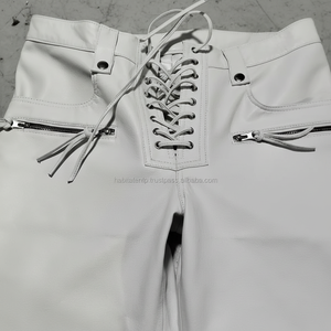 Pantalón de cuero blanco para motocicleta para hombre, suave piel de cordero con cordones, pantalones de diseñador OEM ODM, pantalones de tacto suave - Product Image 1