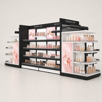 3-seitiges Schwerlast-Holz-Displayregal für Körperpflegeprodukte mit hintergrundbeleuchteter LED-Beleuchtung, weiße Regale, freistehende Einzelhandelspräsentation