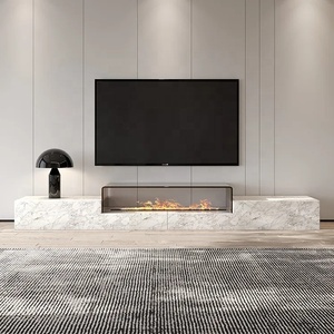 Modern <strong>White</strong> Marble <strong>TV</strong> <strong>Stand</strong> with Tempered Glass Top and Fireplace for Living Room Hotel &amp; Apartment Use - Product Image 2