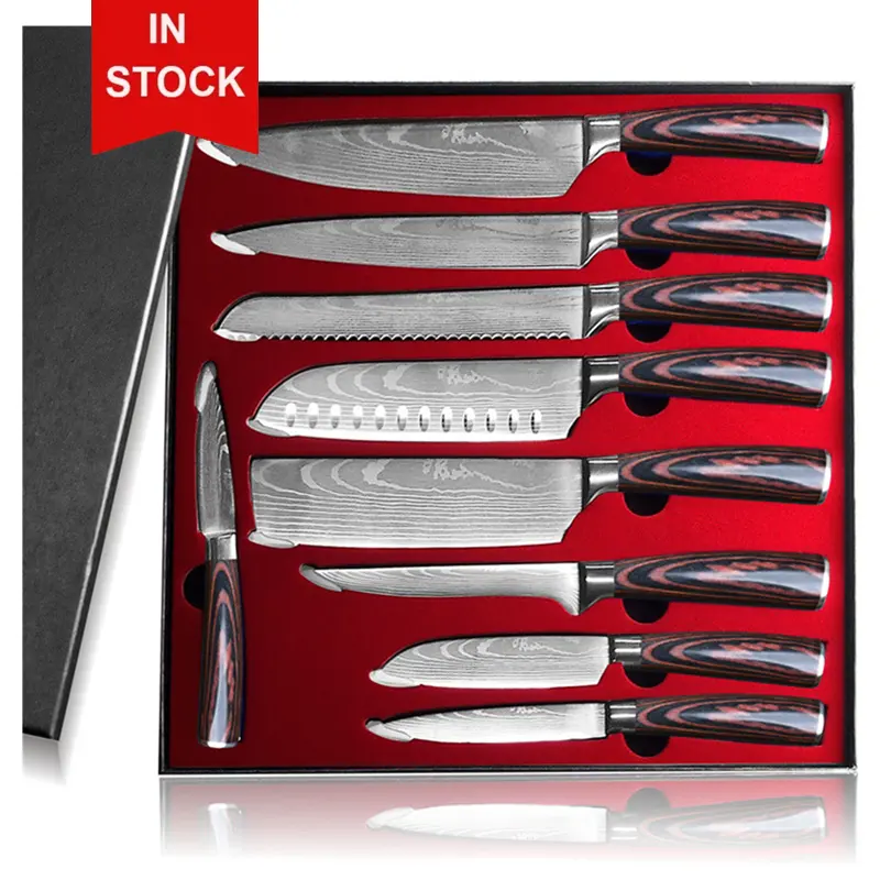 Hot selling fillet fishing bbq beef meat clever cutting fruit paring cooking chef knife set with pakka wood handle and gift box