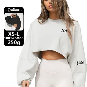Moletom de algodão para mulheres, blusa de gola lisa de algodão grande com logotipo personalizado, camiseta feminina de manga comprida para meninas