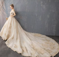 NDB10573 Robe de mariée tendance à manches courtes, broderie florale, épaules dénudées, robe de bal, traîne bouffante, plissée, pour mariée