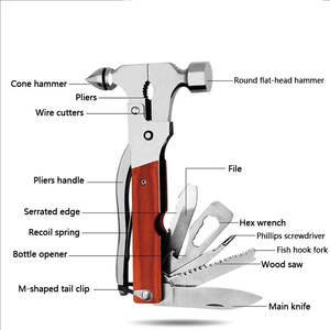 Conique Multi-Fonction Véhicule D'urgence Brise-Vitre Marteau De Sécurité 15-en-1 Outil 17cm Manche En Bois Portable Ménage - Product Image 3