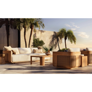 Ensemble <span class=keywords><strong>de</strong></span> canapés <span class=keywords><strong>de</strong></span> jardin <span class=keywords><strong>de</strong></span> luxe modernes en rotin PE, cannage et bois <span class=keywords><strong>de</strong></span> teck, avec coussins imperméables pour villas - Product Image 6