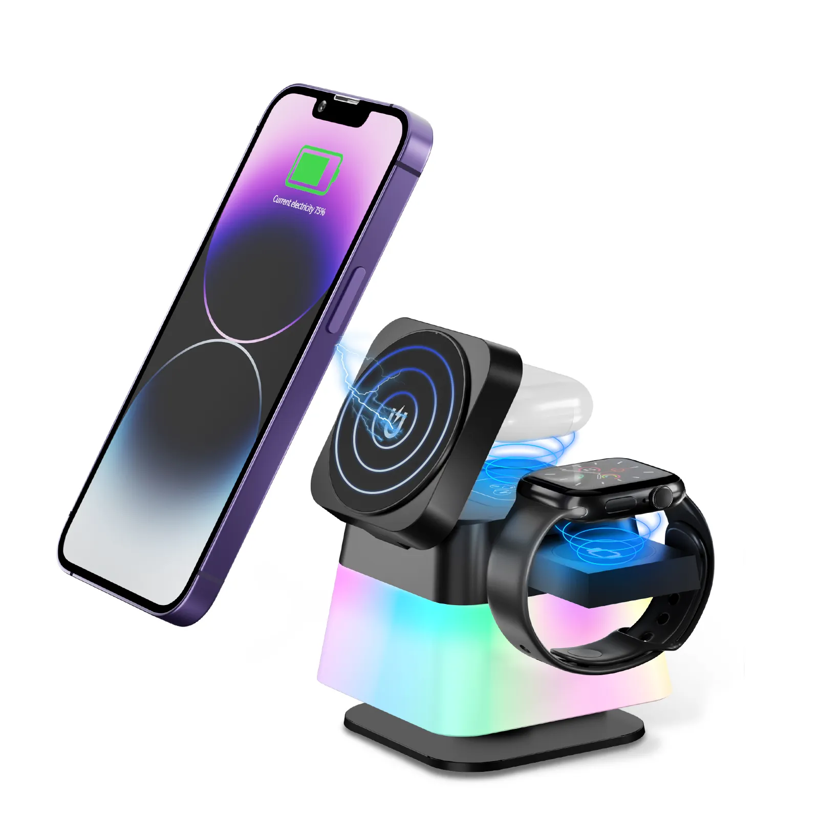 RGB 15w 3 in 1 Foldable Folding Magnetic Wireless Phone Charger Wireless Charging Stand Holders For IPhone 15 14 Custom Logo Qi