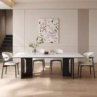 Table à manger rectangulaire 6 places en bois massif et pierre frittée, style crème français, vente directe usine en gros