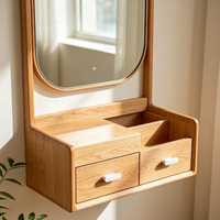 Table de toilette murale moderne en panneaux naturels, vente en gros directe usine, coiffeuse flottante avec miroir incurvé et 2 tiroirs de rangement