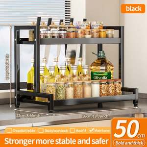 Modern 2-Layer <b>Kitchen</b> Countertop Spice Organizer Rack Multi-Functional Metal Seasoning Storage with <b>Hooks</b> and Chopstick Holder - Product Image 5