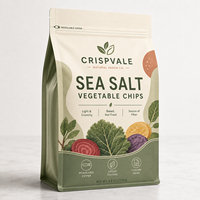 Sachet refermable de qualité alimentaire supérieure, imprimé sur mesure, pour chips de légumes au sel marin, fond plat, scellé sur huit côtés