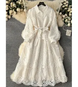 Wholesale 2024 Spring New Embroidered Hollow Flower Single Breasted Slim Fit Mid Length Bubble Sleeve Women's Dresses