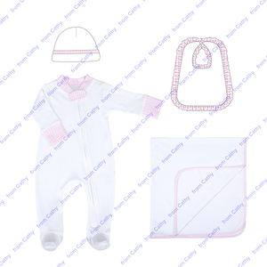 Ruffle Knitted Cotton Soft Warm Newborn Infant Coming Home Outfits New Long Sleeve Baby Footie Bib <strong>Blanket</strong> and Hat Set - Product Image 2