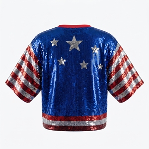 Independence Day <strong>Crop</strong> <strong>Top</strong> in Red <strong>White</strong> Blue <strong>Sequins</strong> Loose Fit Polyester Canvas Summer Casual Embroidered Design - Product Image 6
