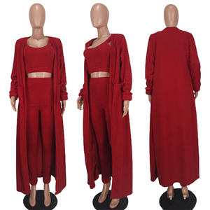 カジュアルセーターレディース居心地の良いニットスーツ女性パンツとロングコートカーディガンニット女性セーターファジー<span class=keywords><strong>3</strong></span>ピースセット女性 - Product Image 3