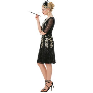 1920s Vintage <b>Sequined</b> Mesh Dress Women Plus Size A-Line Scoop Neck Black Gold Club Dress - Product Image 1