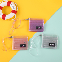 Dompet Kartu Lipat Transparan Glitter Pink untuk Wanita, Dompet Leher Plastik PVC Bening