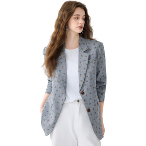 Women's Gray Floral Print Blazer Polyester Worsted Fabric Spring Autumn Style - Product Image 5