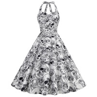 Robe Femme Swing Skull Print Scarey Halloween Costumes Midi Vestidos Sexy Halter Strapless Gothic Retro Rave Party Dresses