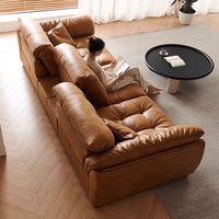 Canapé Cloud en cuir véritable huilé et ciré de qualité supérieure, style rétro mi-moderne minimaliste, avec dossier réglable et capitonné en éponge, pour salon