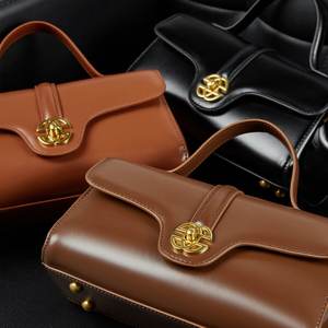 Borsa a Tracolla Unica da Donna in Vera Pelle di Vacchetta, Stile Boston con Chiusura Magnetica e Dettagli in Poliestere - Product Image 2