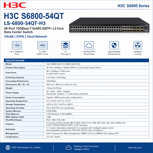H3C S6800-54QT LS-6800-54QT-H3เครือข่ายคลาวด์ VXLAN EVPN 6x40G QSFP + ศูนย์ข้อมูล L3คอร์10GBase-T 48พอร์ต - Product Image 4
