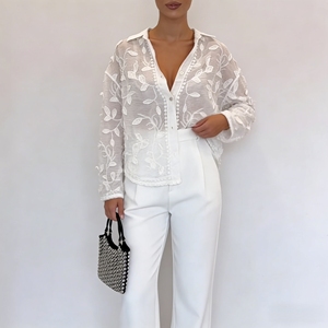 Custom <strong>White</strong> Embroidered <strong>Sheer</strong> Blouse Floral Pattern V Neck Long Sleeve Button Down Shirt Women's Fashion <strong>Top</strong> for Women - Product Image 1