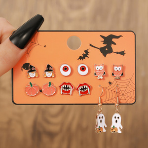 Halloween Mini Stud <b>Earrings</b> Cartoon Pumpkin Skull Spider Set Party Fashion Jewelry Zinc Alloy Stainless Steel <b>Posts</b> - Product Image 3
