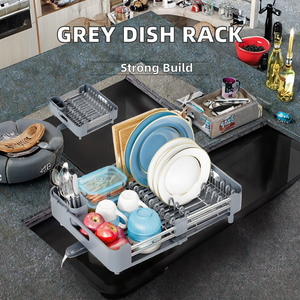 OEM拡張可能なグレーメタルディッシュラックデュアルパーツディッシュ排水管非傷可動カトラリー排水管調整可能収納ホルダーラック - Product Image 3