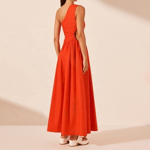 Toptan özel High End yaz giyim zarif basit tek omuz Maxi elbise bayanlar kadınlar rahat elbise 100% keten kumaş - Product Image 4