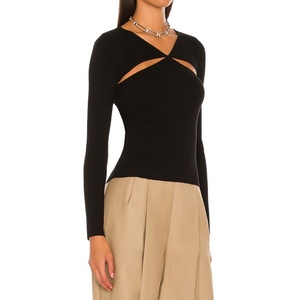 เสื้อสเวตเตอร์แขนยาวคอวีเซ็กซี่สำหรับผู้หญิงทันสมัย สีดำ ผ้าถักริบบ์ - Product Image 2