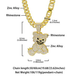 Set <span class=keywords><strong>Collana</strong></span> Hip Hop Unisex con Ciondolo Orsetto Malvagio Placcato Oro Trendy Iced Out e Catena Cuban Link, Design Orso Violento Scuro - Product Image 6