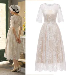 1617#Real PHOTOS Lace Half sleeve Tea-length A Line Vintage O-Neck Tea Length Bohemian Bridal Wedding gown vintage design