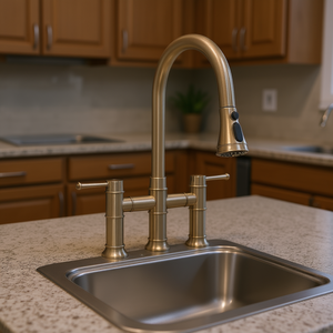 Robinet de cuisine à double poignée, finition or brossé, montage sur plan, valve en céramique, style traditionnel - Product Image 2