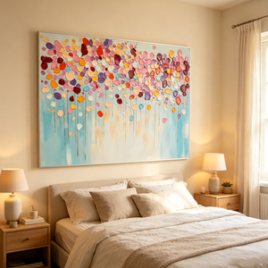 Tableau sur toile abstrait texturé motif pluie de fleurs, décorations murales commerciales sans cadre faites à la main, décoration intérieure pour la maison - Product Image 1