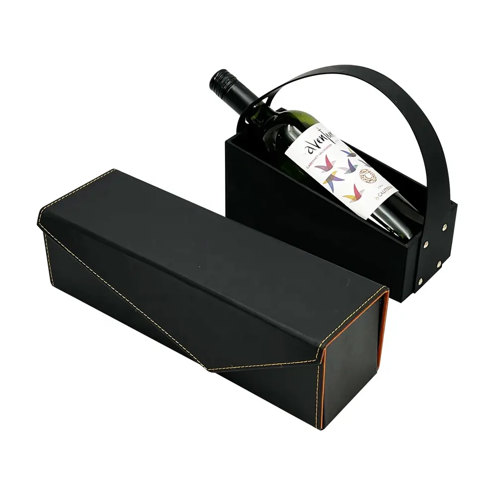 Scatola di vino in pelle nera con logo personalizzato di lusso confezione regalo per vino con manico