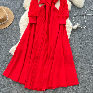 Elegante pajarita vestido de encaje Mujer cuello redondo manga larga plisado cintura falda completa vestido <span class=keywords><strong>para</strong></span> <span class=keywords><strong>eventos</strong></span> formales moda mujer <span class=keywords><strong>ropa</strong></span> - Product Image 3
