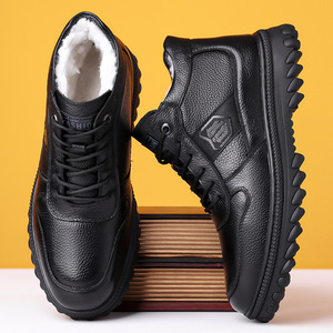 Men's <b>Leather</b> Snow <b>Boots</b> Winter Warm High Top Anti Slip Rubber Outsole Low Heel Outdoor <b>Work</b> <b>Boots</b> - Product Image 2