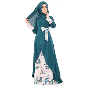 Floral Print Patchwork 4 Seasons Long Skirt Middle Eastern Dress Robe For Women Muslim Islamic India Indonesia Robe