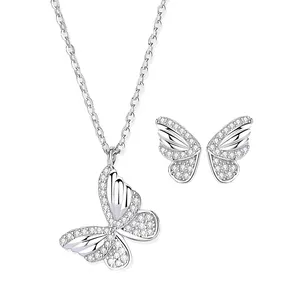 Оптовая продажа, летние 925 стерлингового серебра, изысканные ювелирные украшения, циркон, роскошная бабочка, серьги-гвоздики, ожерелье для женщин